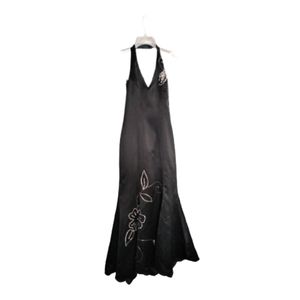 Morgan & Co Women's Satin Sparkly Embroidered Haltered Floral Black Maxi Dress